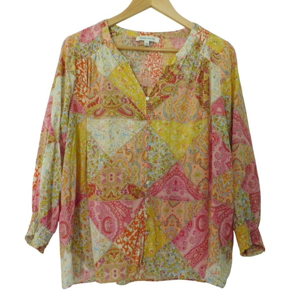 Rose + Olive Womens Top Floral Ivory Print 3/4 Sleeves Pintuck Size Large